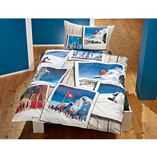 Linge de lit avec motifs de ski format photo sur panneau de bois